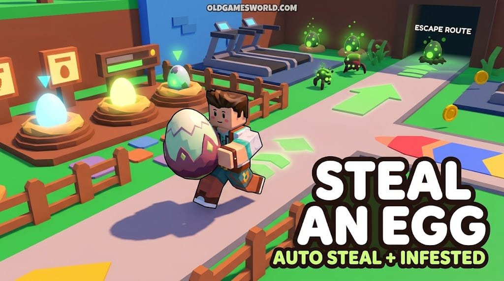 Decode v1.4.13 Steal an Egg script thumbnail showing a blocky character stealing an egg with Auto Steal, Treadmill, Infested and keyless features