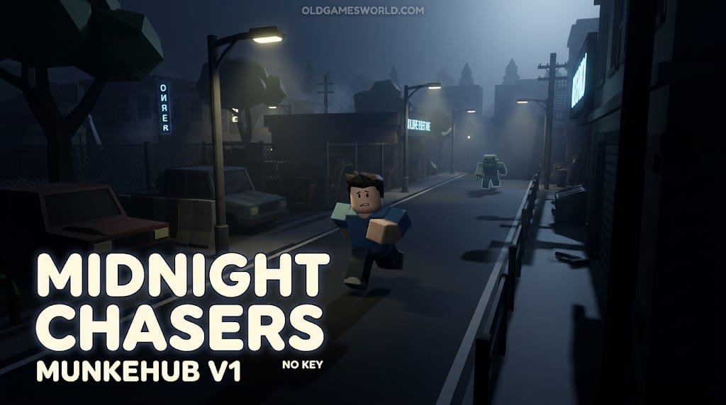 MunkeHub V1 Midnight Chasers Script 2026 thumbnail showing a nighttime chase environment with no-key Roblox gameplay.