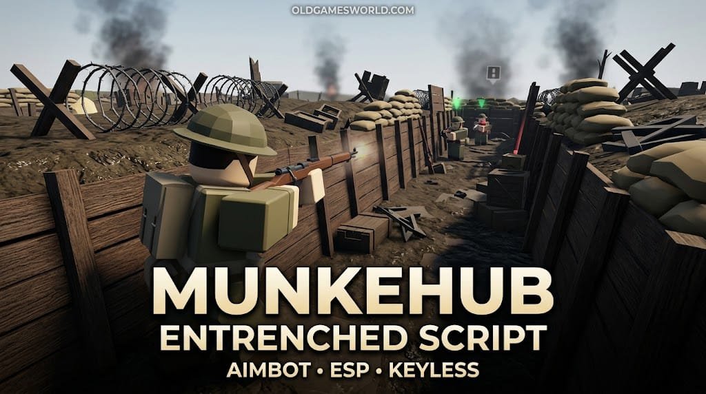 MunkeHub Entrenched Script 2026 thumbnail showing a WW1-style trench battlefield with Aimbot, ESP and keyless gameplay features