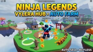 Vylera Hub Ninja Legends Script 2026 thumbnail showing Auto Farm, Auto Sell, Auto Buy upgrades and keyless gameplay.