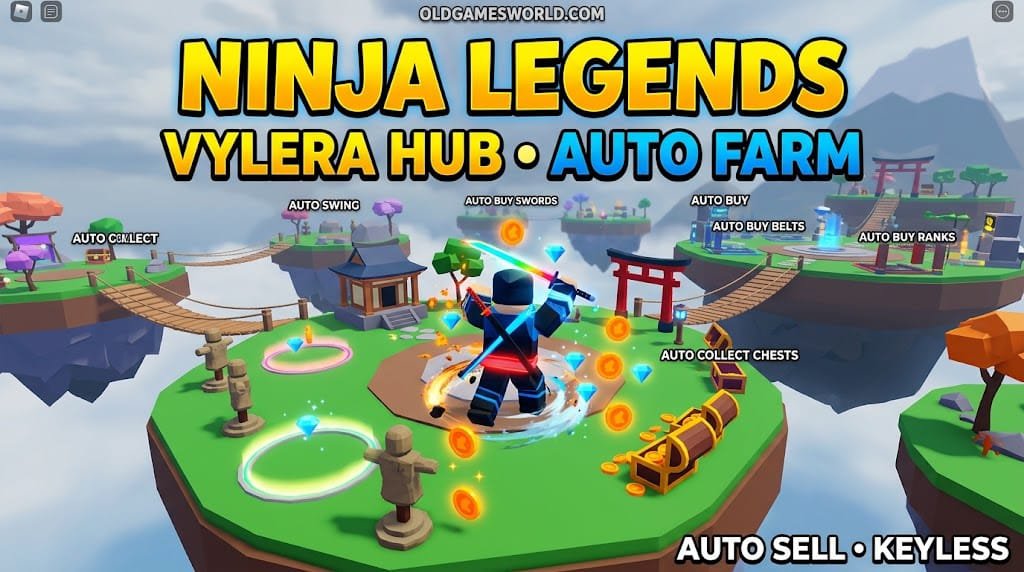 Vylera Hub Ninja Legends Script 2026 thumbnail showing Auto Farm, Auto Sell, Auto Buy upgrades and keyless gameplay.