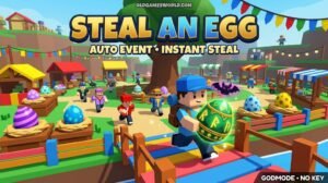 Steal An Egg Script 2026 thumbnail showing Auto Event, Instant Steal, Godmode, Bat Aura and keyless gameplay.