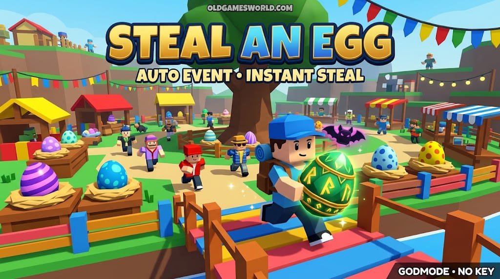Steal An Egg Script 2026 thumbnail showing Auto Event, Instant Steal, Godmode, Bat Aura and keyless gameplay.
