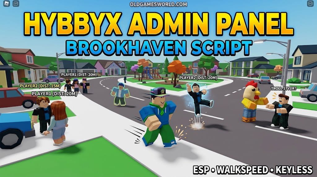 HybbyX Admin Panel Brookhaven Script 2026 thumbnail showing ESP, WalkSpeed, JumpPower, Freeze Player and keyless gameplay.