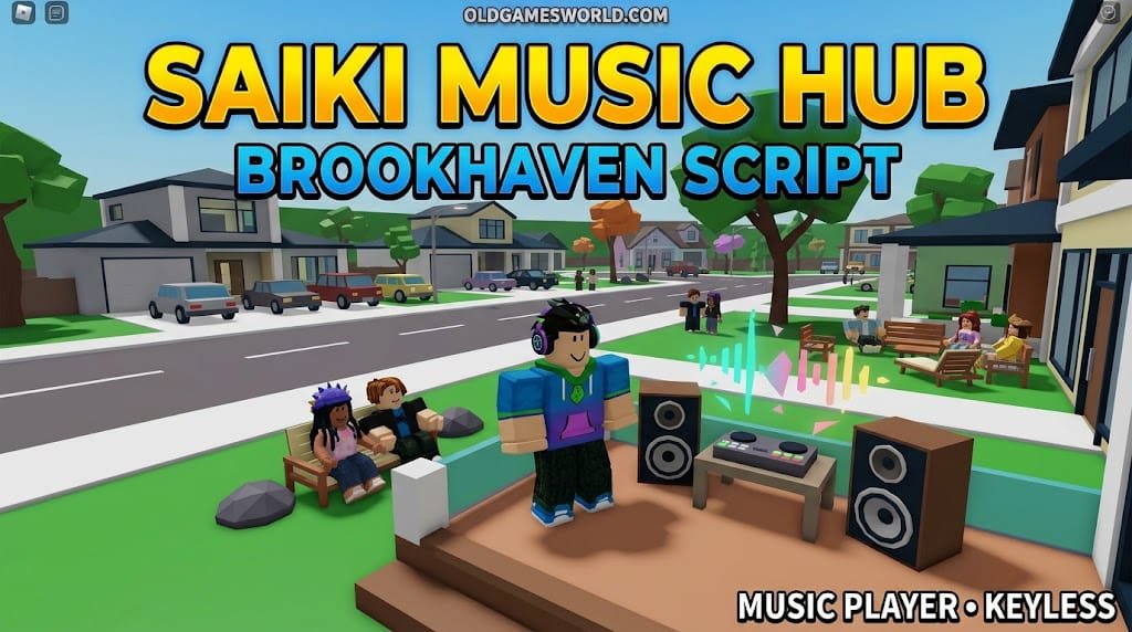 Saiki Music Hub Brookhaven Script 2026 thumbnail showing a Music Player, Smooth UI and Keyless Brookhaven gameplay.