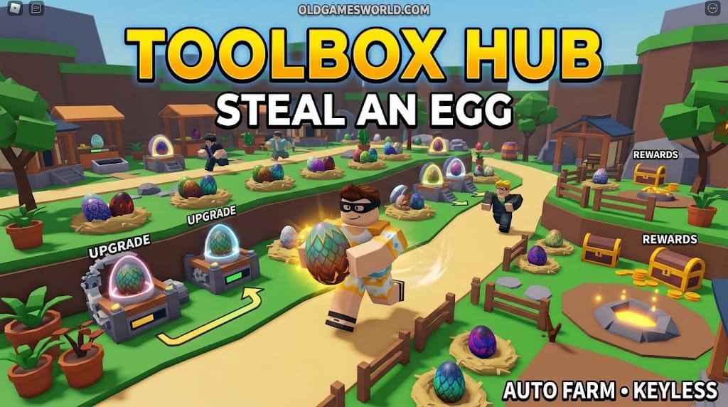 Toolbox Hub Steal An Egg Script 2026 thumbnail showing Auto Farm Eggs, Auto Upgrades, Auto Rewards and keyless gameplay.