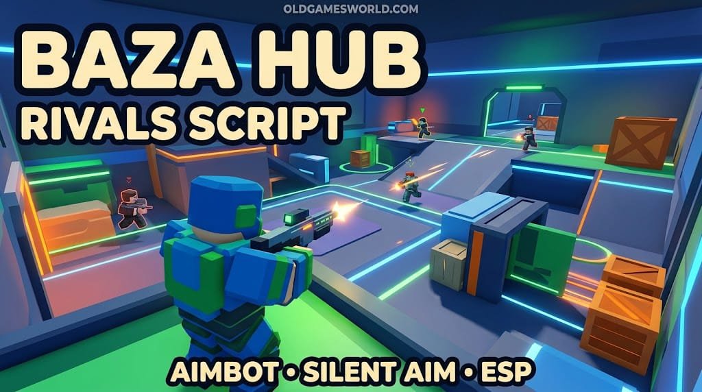 Baza Hub Rivals Script 2026 thumbnail showing Aimbot, Silent Aim, ESP, Ragebot and keyless competitive gameplay.