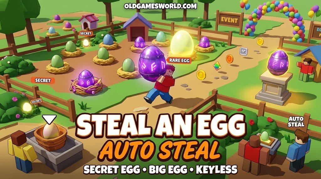 Steal An Egg Script 2026 thumbnail showing Auto Steal, Secret Egg, Big Egg, Rarest Egg and keyless gameplay.