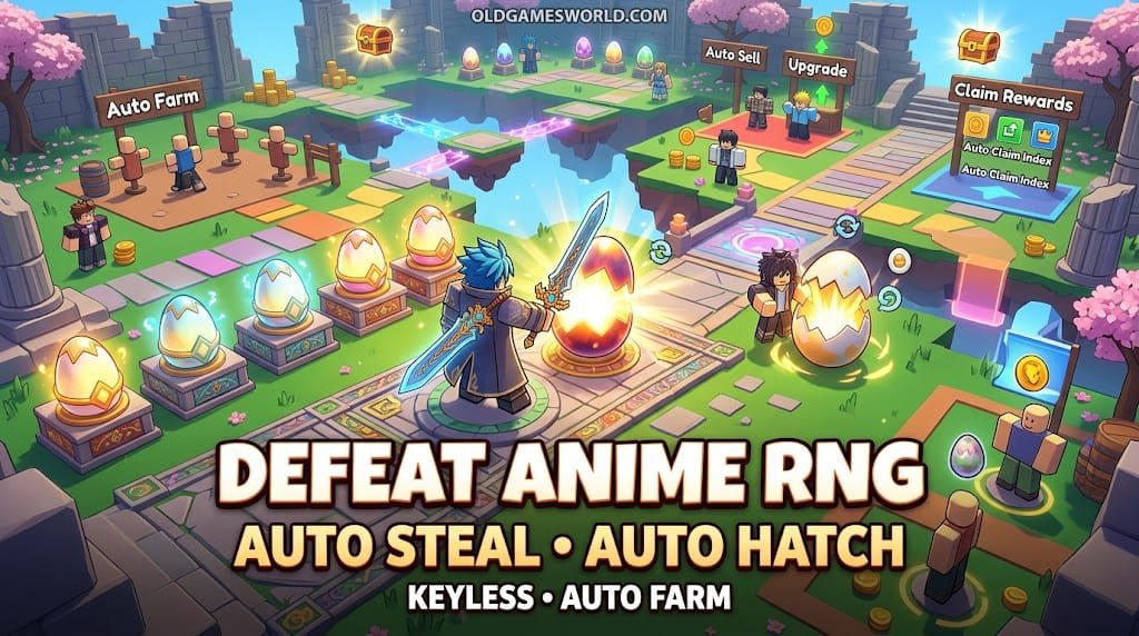 Defeat Anime RNG itScript 2026 thumbnail showing Auto Steal, Auto Hatch, Auto Place Eggs, Auto Sell and keyless gameplay.