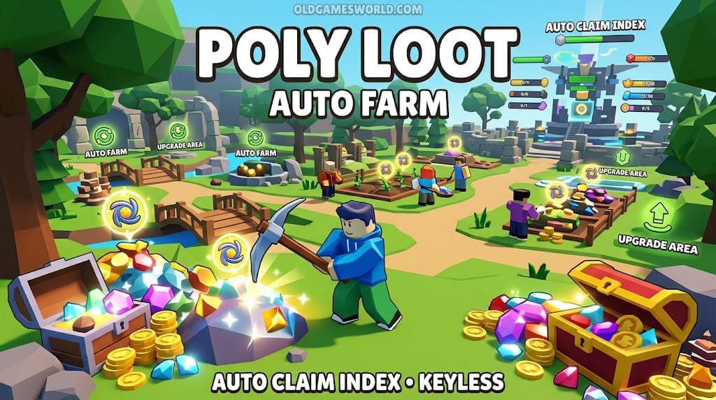 Poly Loot Script 2026 thumbnail showing Auto Farm, Farm Mode, Auto Claim Index and keyless Roblox gameplay.