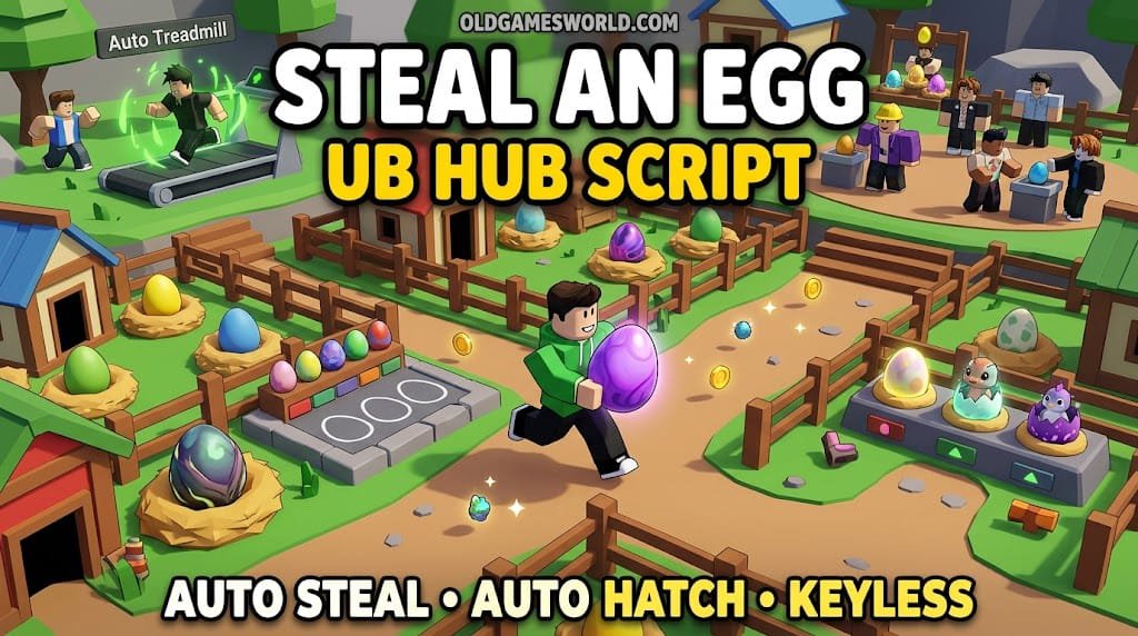Steal An Egg UB HUB Script 2026 thumbnail showing Auto Steal, Auto Place, Auto Hatch, Auto Treadmill and keyless gameplay.