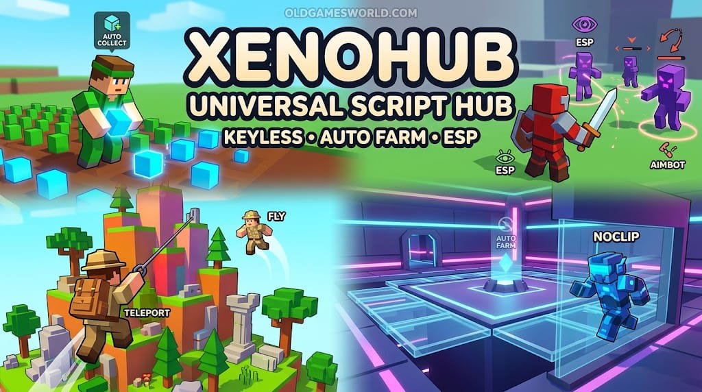 XenoHub by sskint Universal Roblox Script Hub 2026 thumbnail showing keyless gameplay, Auto Farm, ESP and multiple game environments.