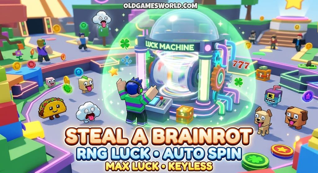 Steal A Brainrot Script 2026 thumbnail showing RNG Luck, Auto Spin, Auto MAX Luck and keyless gameplay.