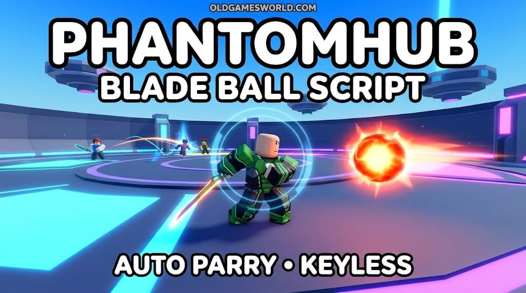 PhantomHub Blade Ball Auto Parry V2 Script 2026 thumbnail showing keyless Auto Parry gameplay in a Blade Ball arena.