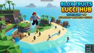 Blox Fruits Lucci Hub Script 2026 gameplay with Infinite Jump, ESP, Walk Water, Auto Attack and Keyless access
