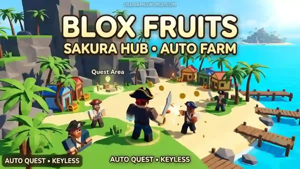 Blox Fruits Sakura Hub Script 2026 thumbnail showing Auto Farm, Auto Quest, enemy farming and keyless Roblox gameplay.