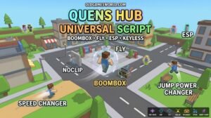 Quens Hub Universal Script 2026 gameplay with Boombox, Fly, ESP, Noclip, Speed and Keyless access