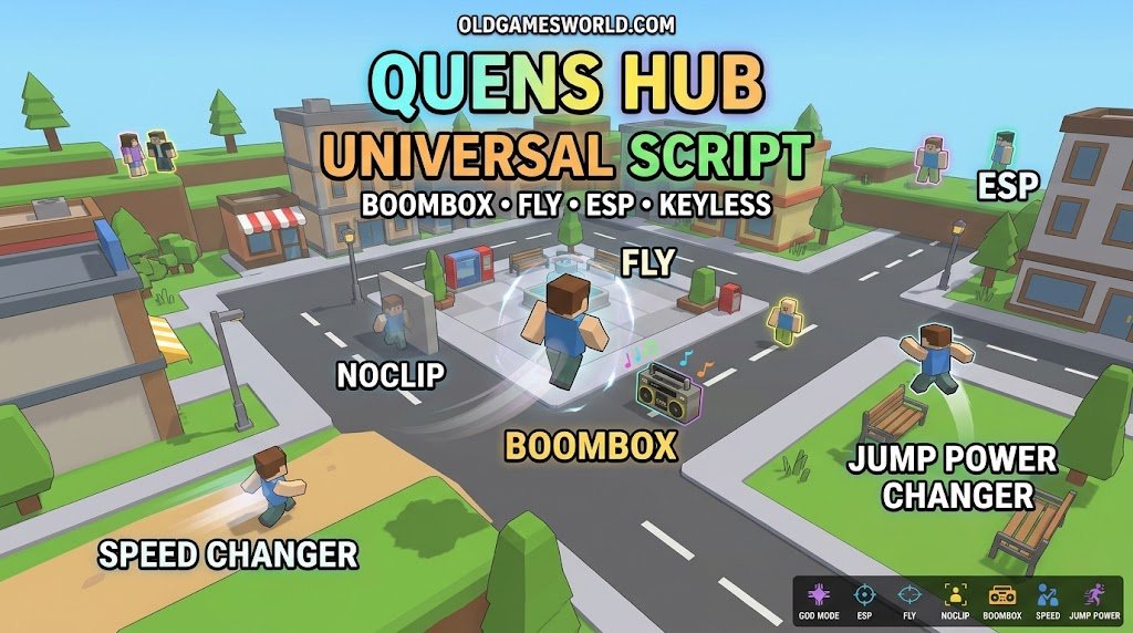 Quens Hub Universal Script 2026 gameplay with Boombox, Fly, ESP, Noclip, Speed and Keyless access