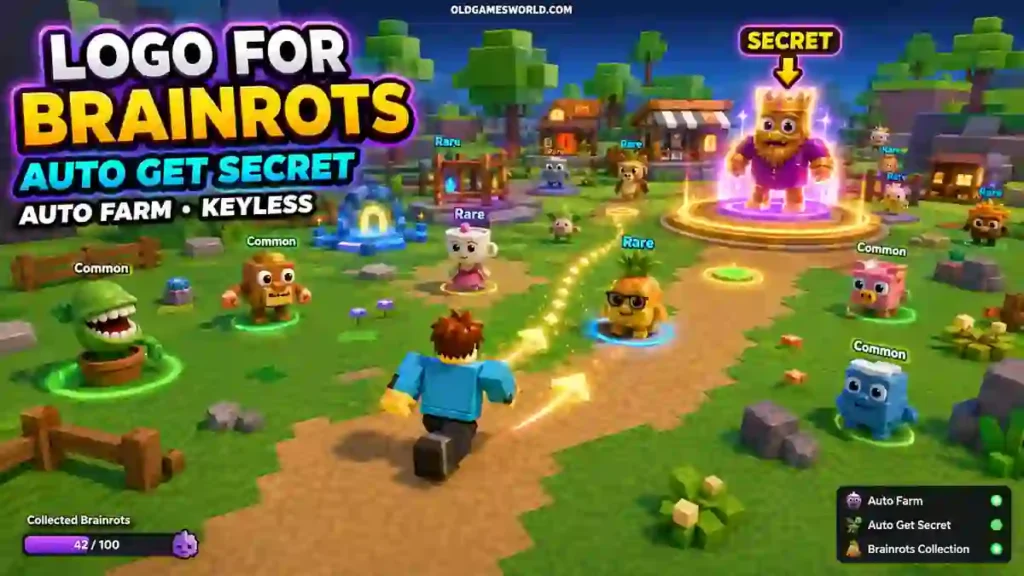 Logo for Brainrots Script 2026 gameplay with Auto Get Secret, Auto Farm and Keyless access