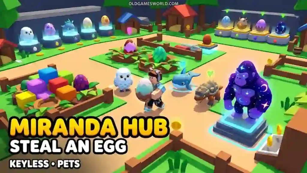 Miranda Hub Steal An Egg Script 2026 thumbnail showing keyless gameplay with collectible pets and rare egg creatures